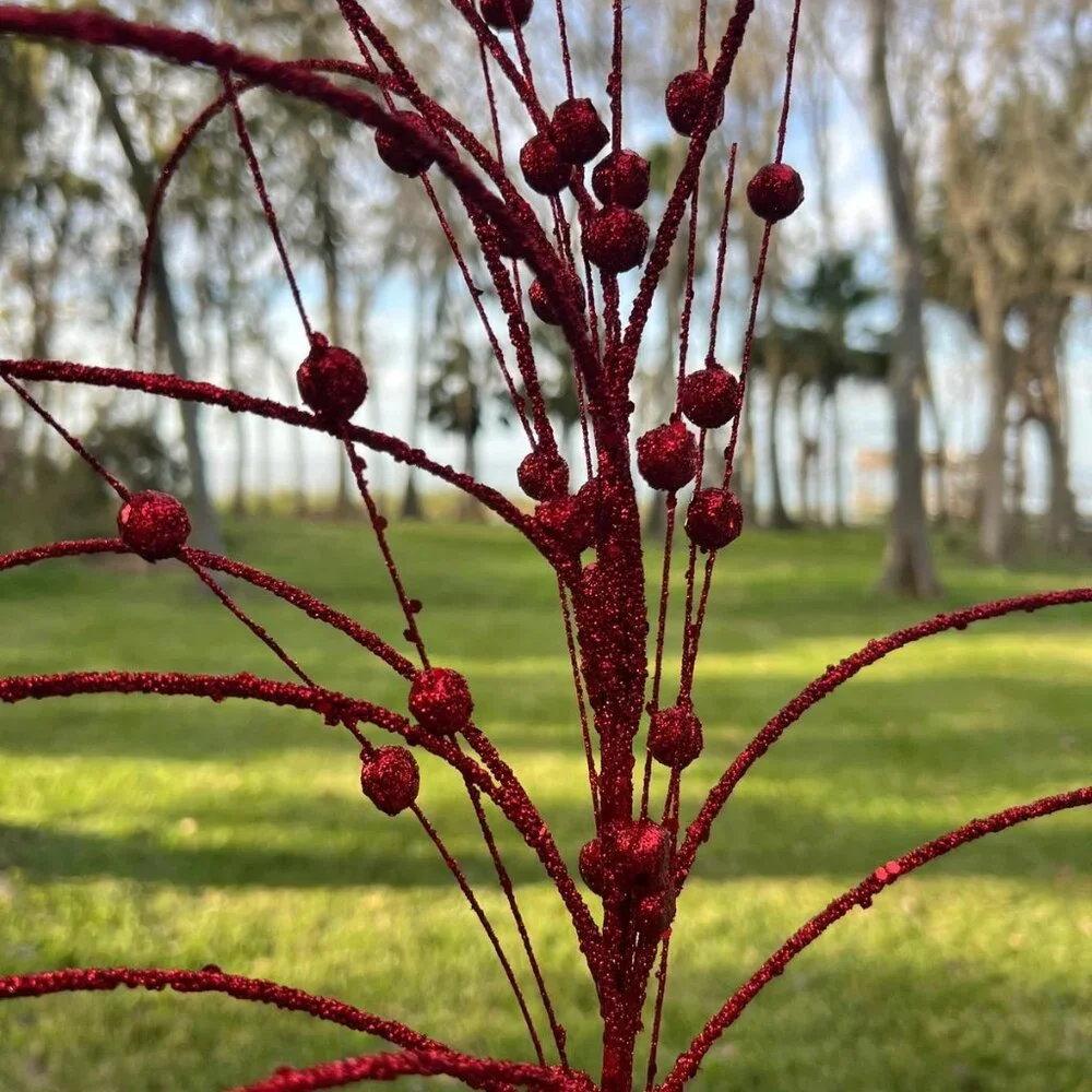 Large Red Glitter Millet Grass Ball Spray Christmas Stem Pick Wreath Accent